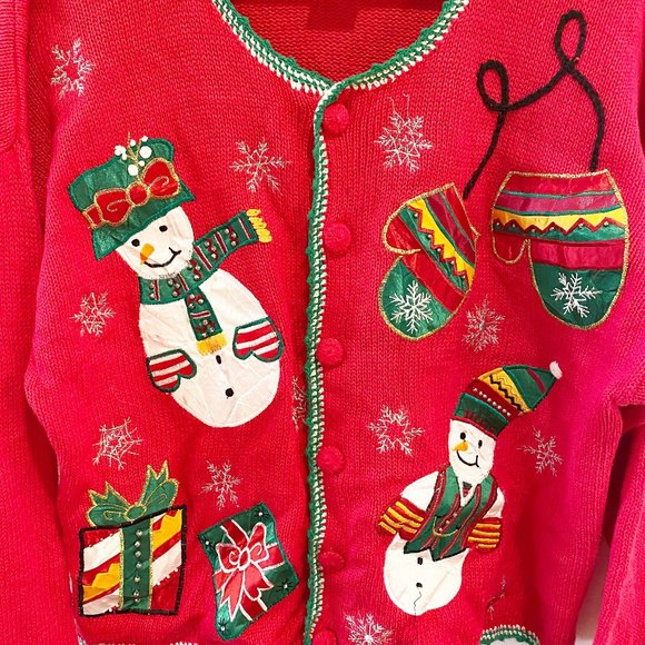 Vintage Nut Cracker Womens Red Christmas Snowmen Button Front Sweater Size L - Picture 2 of 4